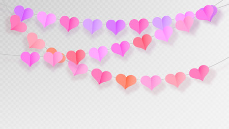 Paper heart garland in pink, purple and red colors on string with soft shadow effect. Romantic decorative elements arranged in curved lines for Valentine celebration or romantic party design.のイラスト素材