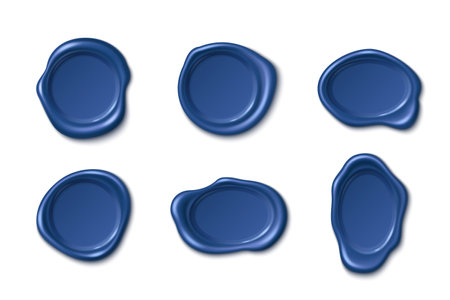 Wax seal stamps collection in emerald blue color with glossy surface and unique irregular shapes. Vintage elements with smooth edges and realistic shadows for certificates, letters or branding.のイラスト素材
