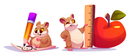Cute cartoon hamster characters with school supplies - drawing pet with oversized pencil, smiling rodent measuring red apple with wooden ruler. Adorable educational illustrations for children design.のイラスト素材