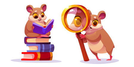 Cute hamster characters in study activities - reading pet sitting on book stack, curious rodent holding magnifying glass. Adorable educational mascots with learning elements for back to school design.のイラスト素材