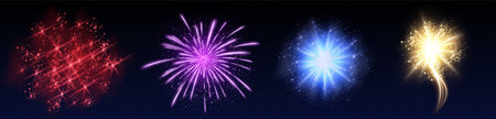 Firework light effects set isolated on transparent background. Vector realistic illustration of red, purple, blue, yellow sparkle burst shining in night sky, firecracker explosion, holiday celebrationのイラスト素材