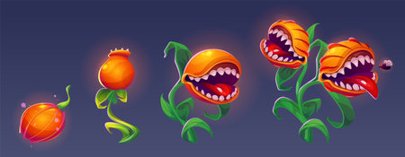 Growth stages of carnivorous monster plant - glowing orange bud evolving into scary fanged predator flowers. Progressive development sequence with sharp teeth, leafy stems for fantasy game design.のイラスト素材