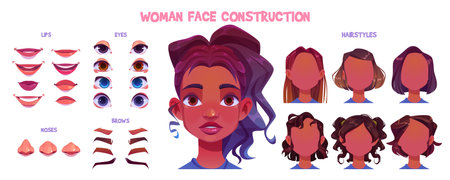 African woman face construction set isolated on white background. Vector cartoon illustration of female character avatar constructor, different color eyes, eyebrows, noses, lips, hairstyles for girlのイラスト素材