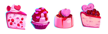 Pink desserts set with heart decorated cakes, berry cupcake, mousse slice, romantic cheesecake. Sweet pastry collection decorated with red topping, cream swirls, cherries for Valentine celebration.のイラスト素材
