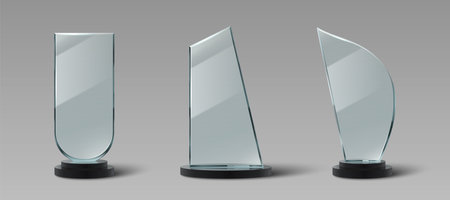 Glass trophy collection with transparent awards, black base stands, minimalist geometric shapes. Realistic 3d crystal acrylic prizes for corporate achievements, competitions, ceremonies designs.のイラスト素材