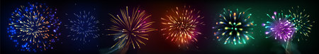 Colorful firework set with bright multicolored bursts explosive effects on dark night sky background. Illuminated pyrotechnic firecrackers with radiant sparkling pattern for festive celebration designのイラスト素材