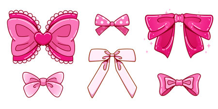 Coquette ribbon bows set isolated on white background. Vector cartoon illustration of y2k vintage hair accessory, pink decoration for romantic gift box, retro wedding or birthday card design elementのイラスト素材