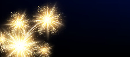 Golden firework lights isolated on black background. Vector realistic illustration of bright yellow sparkles in night sky, firecracker explosion effect, holiday card or festival banner frame templateのイラスト素材