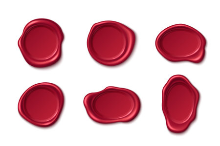 Red wax seals collection with different shapes, shadows, gloss effects on white background. Royal stamp mockups with various melted surfaces, edges, textures for vintage mail, certificate designs.のイラスト素材