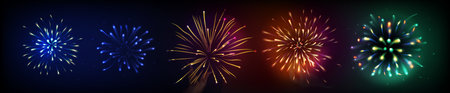 Firework light effects set isolated on black background. Vector realistic illustration of orange, green, blue, yellow sparkle burst shining in night sky, firecracker explosion, holiday celebrationのイラスト素材