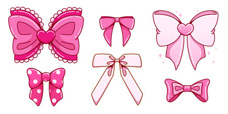 Y2k style pink bows collection with vintage design elements - polka dots, lace trim, heart decoration and sparkle details. Cute kawaii ribbon shapes for retro fashion, stickers or girly accessories.のイラスト素材