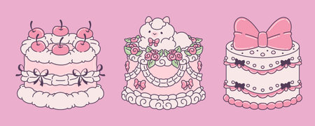 Vintage cake set with pink bows, cherries, roses, cream swirls on soft rose background. Romantic pastry illustrations decorated with lace patterns, floral elements, tiny ribbons for wedding designs.のイラスト素材
