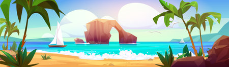 Tropical lagoon panorama with rocky arch, white sailboats and blue sea. Sandy harbor surrounded by palm trees, ocean waves, coastal cliffs on bright sky. Paradise beach landscape for summer vacation.のイラスト素材