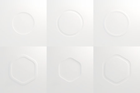 Geometric emboss frames set on white background. Vector realistic illustration of round and hexagon borders, light pastel shapes, interior design, elegant wall pattern, product presentation backdropのイラスト素材