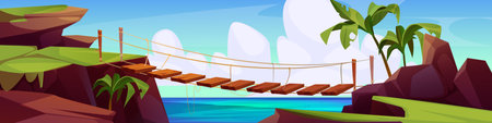Hanging wooden bridge between rocky cliffs over tropical lagoon. Suspended pathway with palm trees, blue ocean water, green grass patches on brown rocks. Adventure summer landscape panorama.のイラスト素材