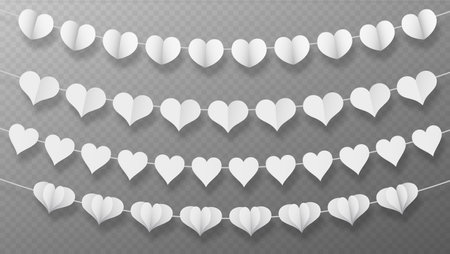 Paper heart garlands set - white folded decorative elements on string with soft shadows. Romantic handmade banners in different styles for wedding decor, Valentine celebration, festive interior designのイラスト素材