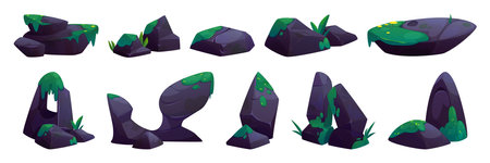 Purple rock collection with green moss - natural stone assets in cartoon style for game environment. Scenic boulders covered with grass patches, vegetation leaves for fantasy landscape design.のイラスト素材