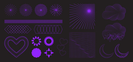Y2k aesthetic grid element set with glowing purple neon shapes on dark background - spiral rays, waves, layered hearts, geometric patterns, starbursts, mesh distortion, outlined clouds and moon.のイラスト素材