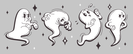 Groovy ghost characters with expressive emotions on gray backdrop. Spooky specters angry, surprised, boo frightening and upset. Retro cartoon spirits with sparkle stars for Halloween designs.のイラスト素材