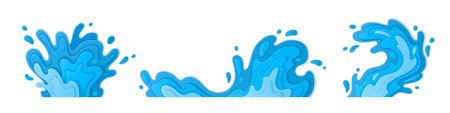 Blue 3d water splash paper cut design with layered waves, flowing curves, and dynamic droplets. Aquatic motion effect from stacked sheets. Clean modern graphic for summer promotions, beverage package.のイラスト素材