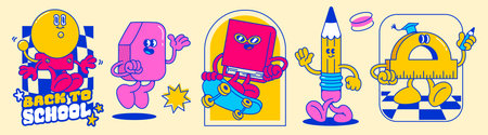 Groovy school themed vintage vector illustration set with cute anthropomorphic stationery characters. Retro style cartoon mascots in vibrant colors for children educational and learning designs.のイラスト素材