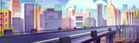 Highway bridge in cartoon urban landscape with modern skyscrapers, street lamps, green bushes, residential buildings on bright blue sky. Cityscape panorama, clean empty roadway for game background.のイラスト素材