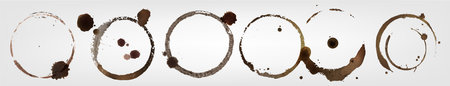 Coffee cup mark and stains set isolated on white background. Vector realistic illustration of abstract wet brown ring, tea mug splash on paper or table, blank post stamp mockup, ink or paint traceのイラスト素材