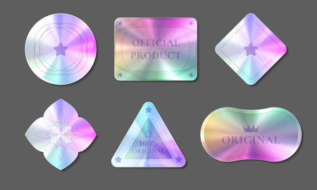 Hologram quality stickers set isolated on background. Vector realistic illustration of round, square, triangle, rhombus shape labels with holographic gradient effect, original product certificate signのイラスト素材