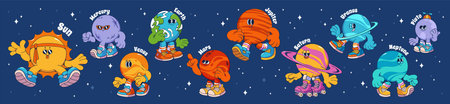 Groovy universe cartoon planets collection with cute characters on starry sky background. Funny...