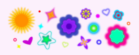Gradient blur shapes set isolated on white background. Vector illustration of abstract neon sun, flower, heart, circle with aura color effect, glowing watercolor stickers, retro poster design elementsのイラスト素材