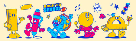 Groovy school cartoon characters in bright colors. Animated stationery items with smiling faces and limbs. Retro style educational mascots with Back to School text. Fun design for children learning.のイラスト素材