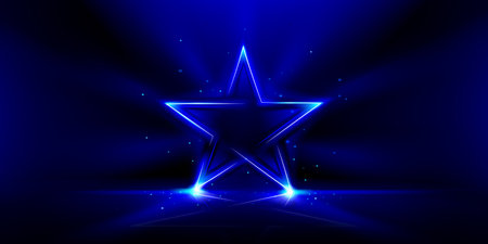 Neon blue glowing star shape on dark background. Electric outline with futuristic energetic vibe. Abstract light effect, shiny lasers form geometric silhouette. Stylized illumination for presentation.のイラスト素材