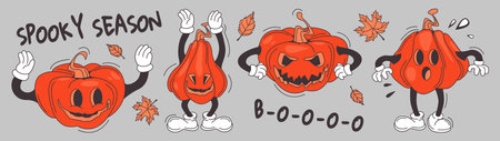 Groovy pumpkin characters with different emotions. Orange Halloween mascots with gloved hands. Autumn design with maple leaves and Spooky Season text. Retro jack-o-lanterns for seasonal decoration.のイラスト素材