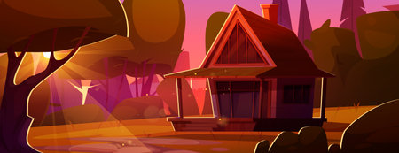 Log cabin in forest at sunset with pink sky. Wooden structure with triangular roof among trees, rocks and sunlit background. Rustic or camping wood house in wilderness atmosphere for game design.のイラスト素材