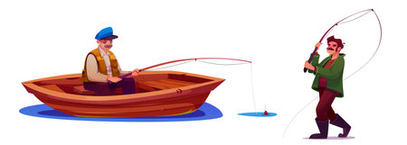 Fisherman set - cartoon male characters with fishing gear. Elderly angler sitting in wooden boat and holding pole with floater in water, mustached sportsman throwing spinning. Outdoor vacation design.のイラスト素材