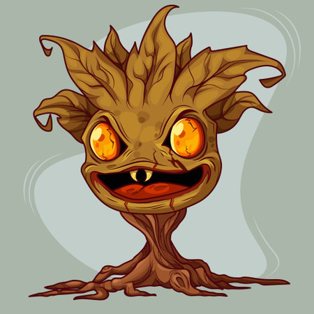 Scary plant monster with twisted wooden body, glowing orange eyes and mouth with tongue and teeth. Evil tree character with spiked leaf crown and gnarled roots for fantasy game or Halloween designのイラスト素材