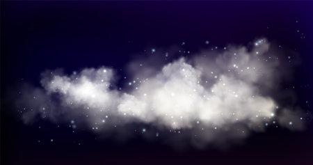 Smoke sparkle background with glowing blue nebula effect and scattered shimmering stars. Mystical cosmic atmosphere with luminous particles and vapor cloud. Dreamy night sky with magic fog and glitterのイラスト素材