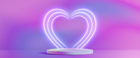 Neon heart arch shape on ultraviolet hologram background. 3d vector illuminated love symbol behind round stage podium. romantic Valentine day decoration or wedding event design with iridescent stage.のイラスト素材