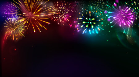 Bright firework explosions banner - colorful luminous patterns on dark background. Realistic pyrotechnic show with sparkling trails and glowing particles for celebration designs or digital artwork.のイラスト素材