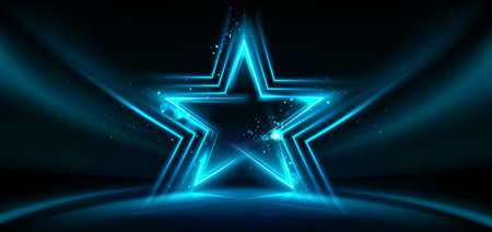Neon star stage with glowing blue light effects and particles on dark background. Luminous geometric shape platform with sparkles for awards ceremony, music performance or entertainment showcase.のイラスト素材