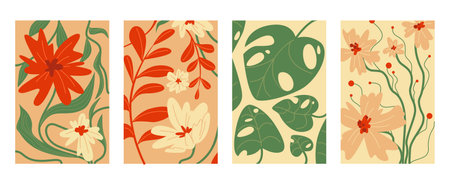 Botanical doodle floral wall art collection with trendy monstera leaves and flowers. Set of boho style vector illustrations. Minimalist retro design posters for interior printing and decoration.のイラスト素材