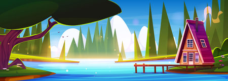 Forest lake cartoon with log cabin on shore and mountain peaks in background. Pine trees surround blue water and small pier extends from cozy house. Adventure and eco tourism travel atmosphere.のイラスト素材