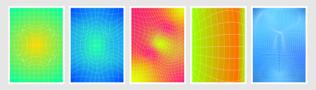 Y2k warped grid background set with vibrant gradient mesh patterns. Modern deformed linear network textures on bright neon color surfaces. Digital distortion aesthetic elements for futuristic design.のイラスト素材