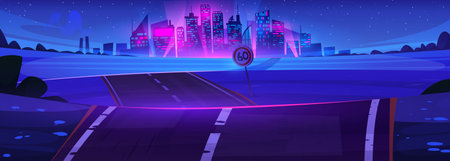 Highway road leading to glowing neon town skyline at night. Empty field landscape with speed limit sign under starry sky. Modern dusk futuristic cityscape background in purple and blue colors.のイラスト素材
