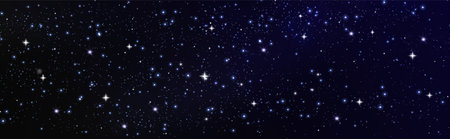 Outer starry night with bright sparkle elements scattered across dark cosmos. Twinkling celestial bodies illuminate space on mystical atmospheric backdrop. Glowing stellar astronomical pattern.のイラスト素材