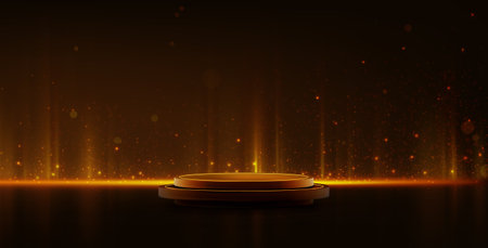 Black luxury podium with glowing golden edge, floating particles and light beams on dark background. Elegant circular display platform with floating glitter for premium product presentation design.のイラスト素材