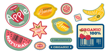 Vintage fruit stickers set isolated on white background. Vector cartoon illustration of retro organic food labels for lemon, lime, apple, watermelon, cherry, banana, peach, product quality badgeのイラスト素材