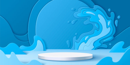 Round podium and papercut water splashes on blue background. Vector realistic illustration of empty platform for product presentation, sea or river waves with drops, summer resort, cosmetics posterのイラスト素材