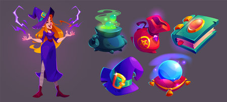 Witch and Halloween accessories set isolated on black background. Vector cartoon illustration of female character laughing, magic fortunetelling ball, hat, potion in cauldron, spell book, old sackのイラスト素材