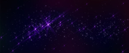 Dark night sky background with sparkling stars. Vector realistic illustration of black space with many shimmering and sparkling constellations, starlight in dark galaxy, astrology wallpaper, cosmosのイラスト素材